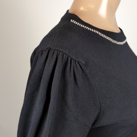 H By Halston Puff Sleeve Top with Rhinestone Detail Fine Black Knit Sweater - Picture 7 of 11